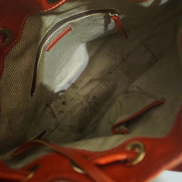 Rare Vintage DOONEY & BOURKE Red Leather Canvas Monogram Drawstring Bucket Bag - Picture 11 of 14